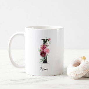 Caneca De Café Inicial Floral I Rosas Rosa Bordô Nome Editável