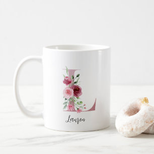 Caneca De Café Inicial Floral L Rosas Borgonha Nome Editável