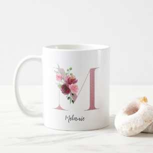 Caneca De Café Inicial Floral M Rosas Borgonha Nome Editável
