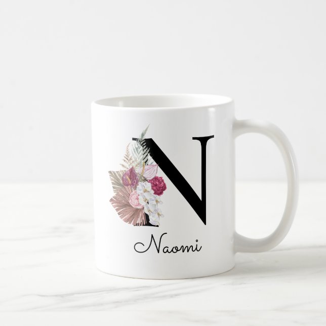 Caneca De Café Inicial Floral Rosa Boho Personalizada N (Direita)