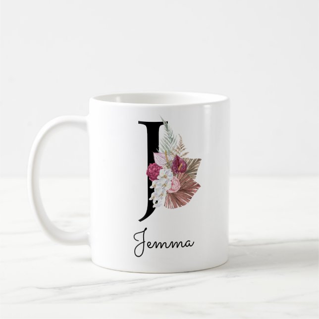 Caneca De Café Inicial Floral Rosa Monogramada J (Esquerda)