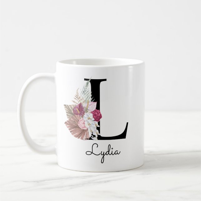 Caneca De Café Inicial Floral Rosa Monogramada L (Esquerda)