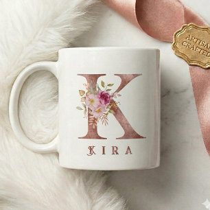 Caneca De Café Inicial K Floral Dourado Rosa Personalizada