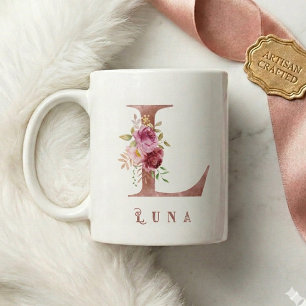 Caneca De Café Inicial L Floral Dourado Rosa Personalizada
