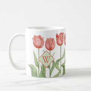 Caneca De Café Inicial Monogrammed floral da tulipa cor-de-rosa