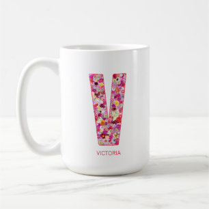 Caneca De Café Inicial Personalizada Letra Floral Monograma V