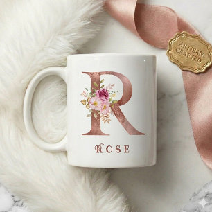 Caneca De Café Inicial R Floral em Ouro Rosa Personalizada