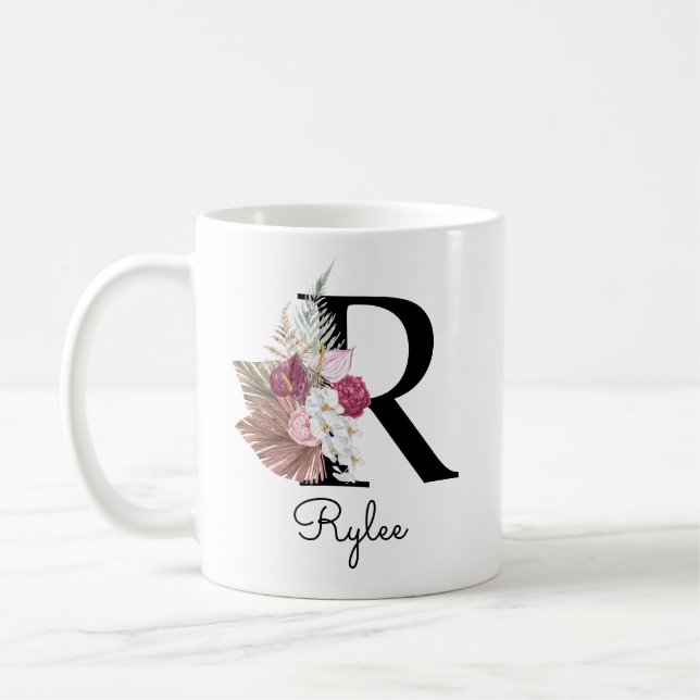 Caneca De Café Inicial Rosa Boho Floral Feminino Monograma R (Esquerda)