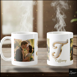 Caneca De Café Inicial T+ 2 FOTO Luxuosa Cursiva Dourado Branco