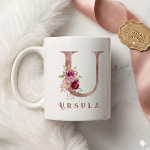 Caneca De Café Inicial U Floral Dourado Rosa Personalizada