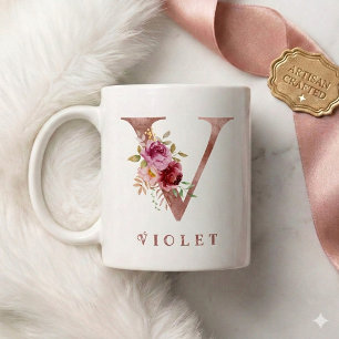 Caneca De Café Inicial V Floral em Ouro Rosa Personalizada
