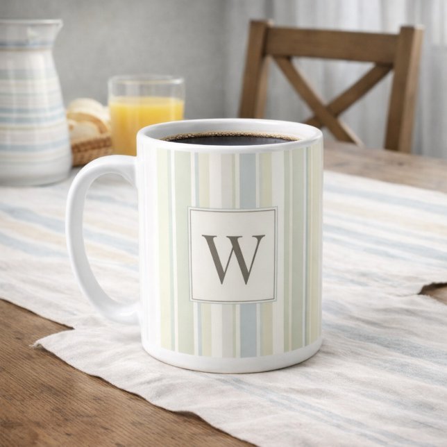Caneca De Café Initial Neutral Dusty Blue Stripe Rustic Farmhouse (Criador carregado)