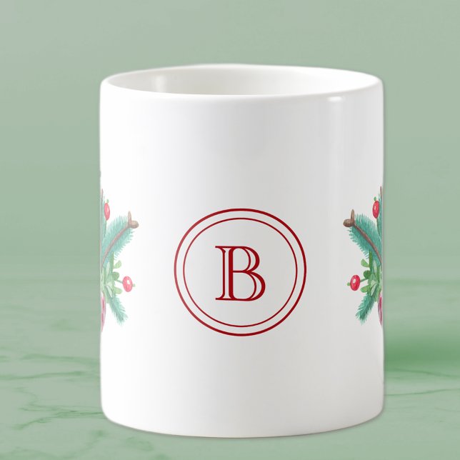 Caneca De Café Initial, Watercolor Berries & Greenery Bouquet (Criador carregado)
