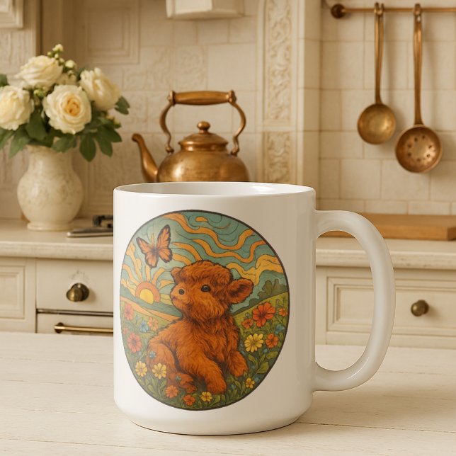 Caneca De Café Inspiração Retro Psicodélica Highland Calf (Criador carregado)