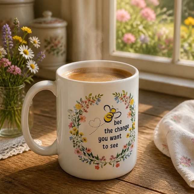 Caneca de Café Inspiradora 'Bee the Change' (Criador carregado)