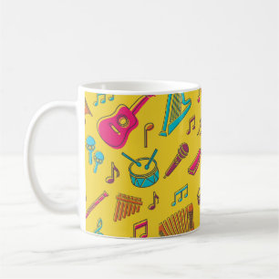 Caneca De Café Instrumentos musicais de fundo. notas musicais.