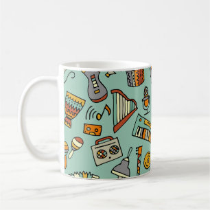Caneca De Café Instrumentos musicais, padrão de esboço vintage.