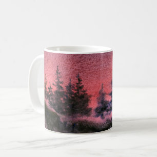 Caneca De Café Inverno coberto de pinheiros vermelho pôr do sol 