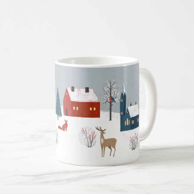 Caneca De Café Inverno no país com cervo, raposa e galinha (Frente Esquerda)
