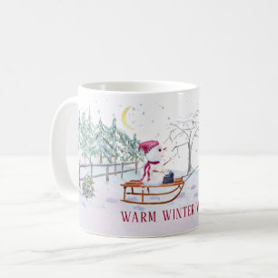 Caneca De Café Inverno quente esquenta neve e bebê em trenó
