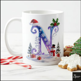 Caneca De Café Iridescent Christmas Letter N with Snowman