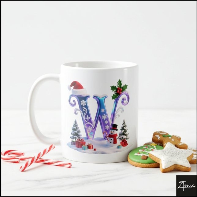 Caneca De Café Iridescent Christmas Letter W with Snowman (Criador carregado)