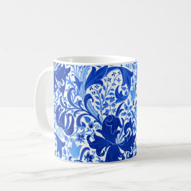 Caneca De Café Íris de William Morris e lírio, azul cobalto (Frente Esquerda)