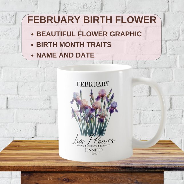 Caneca De Café Íris, Flor de Aniversário de Fevereiro Personalizá (Criador carregado)