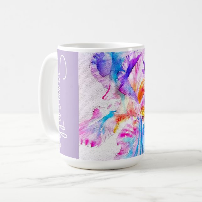 Caneca De Café Íris Pintada à Mão Flores Floral Aquarela (Frente Esquerda)