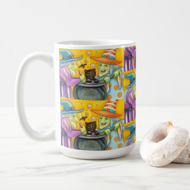 CANECA DE CAFÉ IRMÃS DE BRUXAS, GATO NEGRO E TRASEIRO (Com Donut)