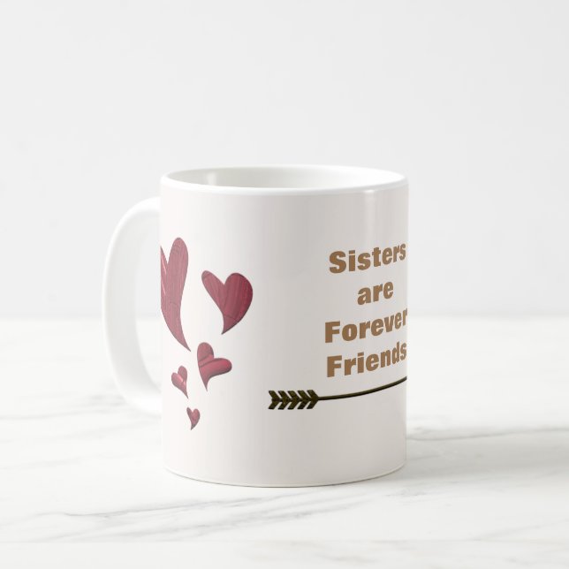 Caneca De Café Irmãs são Amigas para Sempre Flecha Dourada Coraçõ (Frente Esquerda)