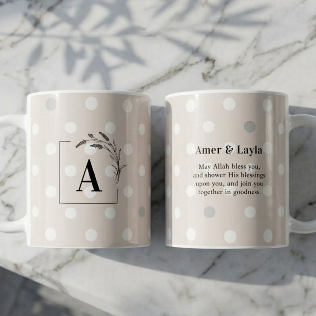 Caneca De Café Islamic Wedding Initial Beige Polka Dot Nikah (Criador carregado)