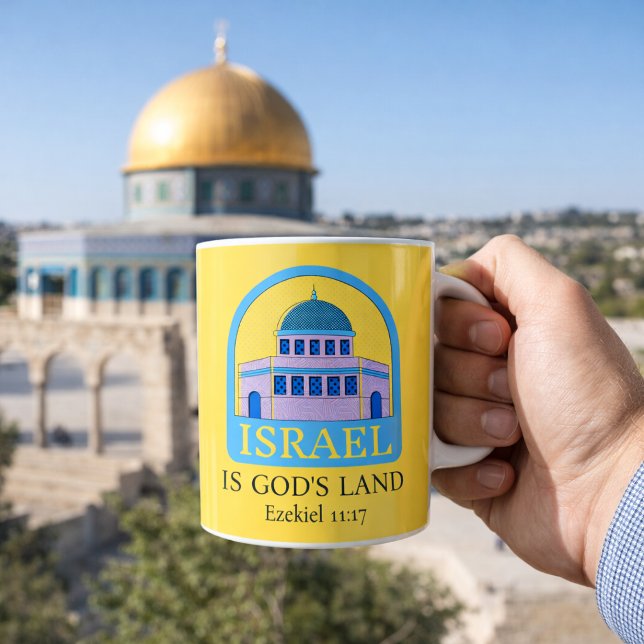 Caneca De Café Israel é a terra de Deus Ezekiel 11:17 Amarelo/Azu (Criador carregado)