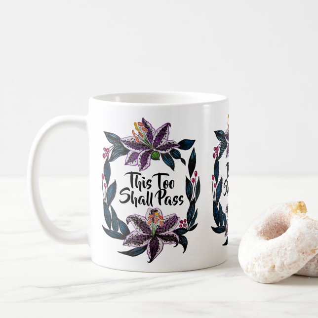 Caneca De Café "Isto Também Deve Passar" Aquarela Lily Wreath (Com Donut)