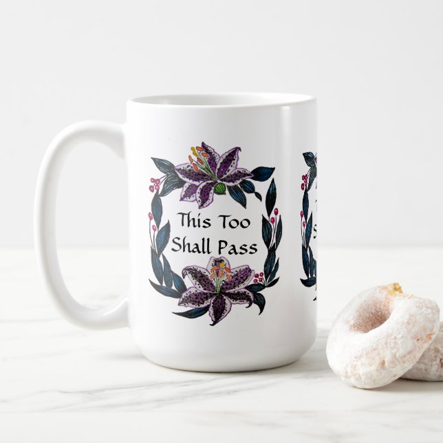 Caneca De Café "Isto Também Deve Passar" Aquarela Lily Wreath (Com Donut)