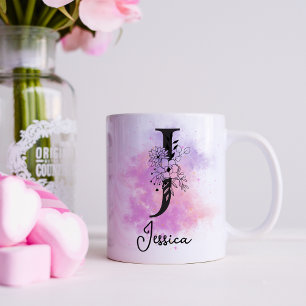 Caneca De Café J de Monograma de Letra Preta Floral Roxo Rosa