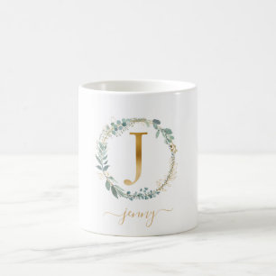 Caneca De Café J monograma, coroa de folhas específicas do clien
