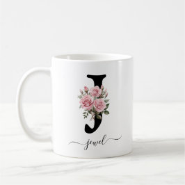 Caneca De Café J Monograma Floral Flor Rosa Rosado Mug