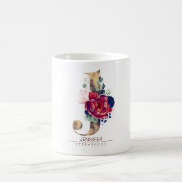 Caneca De Café J Monograma Floral Vermelho e Marinho Azul