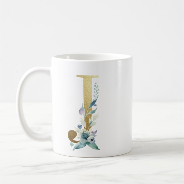 Caneca De Café J ouro inicial com folhagem floral azul (Esquerda)