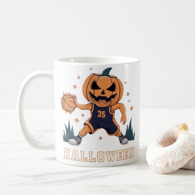 Caneca De Café Jack-o-Lanterna's Fiery Slam Dunk: Noite de Hallow (Com Donut)