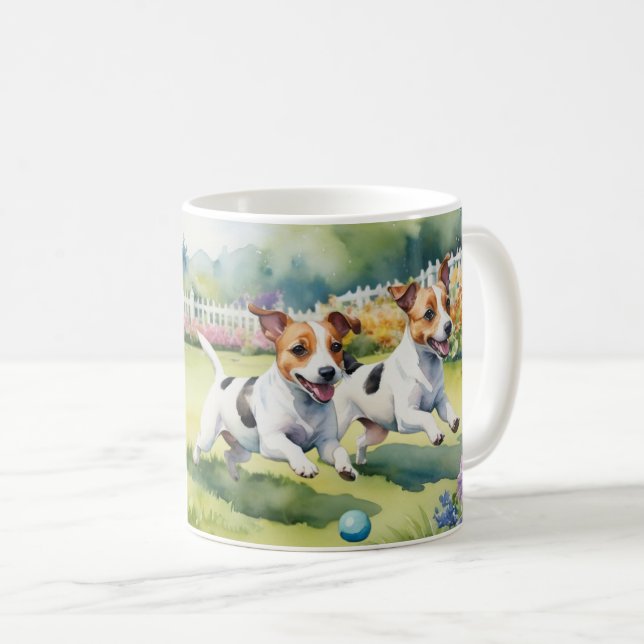 Caneca De Café Jack Russell Terriers Brincando Cachorros Aquarela (Frente Esquerda)