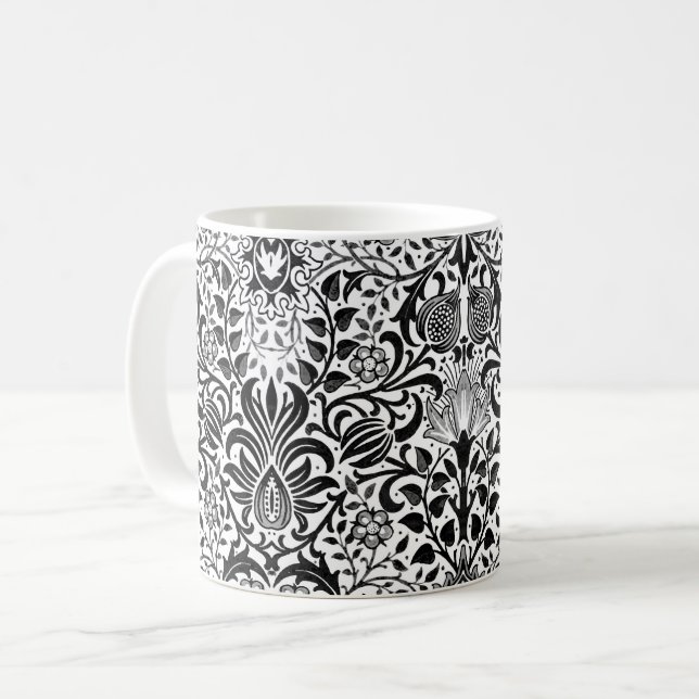 Caneca De Café Jacobean Floral Damask, Black, White e Cinzas (Frente Esquerda)