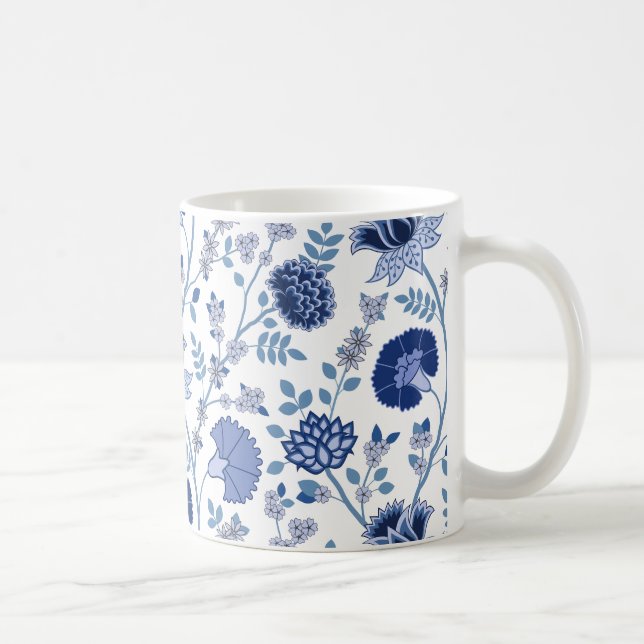 Caneca De Café Jacobean Floral Lg Pattern Blues em Branco (Direita)
