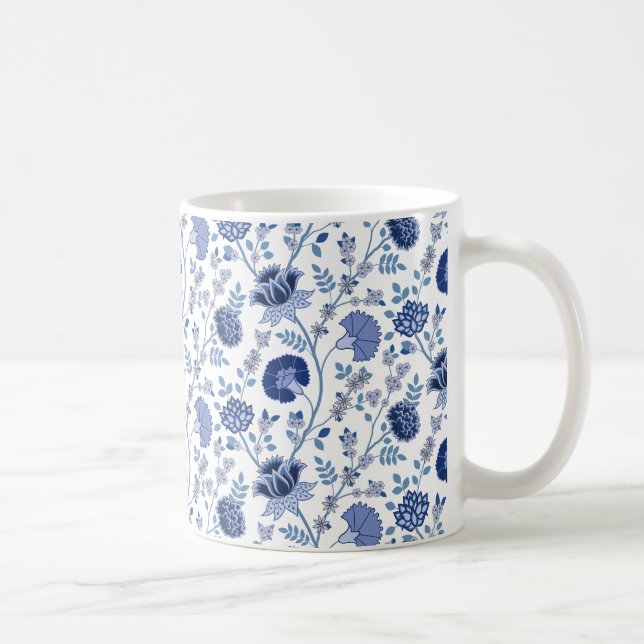 Caneca De Café Jacobean Floral Pattern Blues em Branco (Direita)
