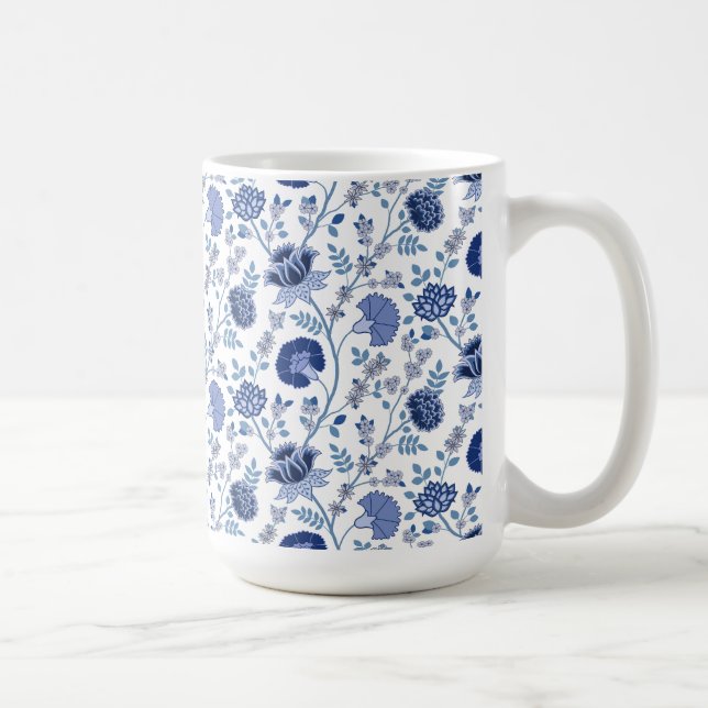 Caneca De Café Jacobean Floral Pattern Blues em Branco (Direita)