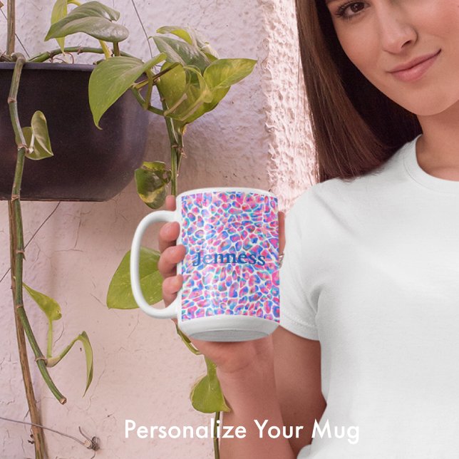Caneca De Café Jameela Cheetah Leopardo Imprime Azul Rosa (Personalize your coffee latte tea mug. Jameela Cheetah Leopard Animal Print #coffee #mug #latte)