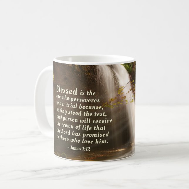 Caneca De Café James 1:12 Abençoado é aquele que persevera a Bíbl (Frente Esquerda)