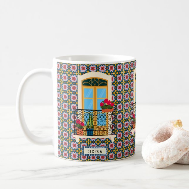 Caneca De Café Janela da casa de Lisboa com plantas e azulejos (Com Donut)