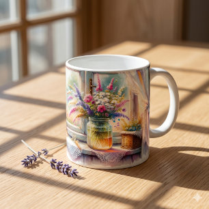 Caneca De Café Janela de Casa de Campo Ensolarada Flores Silvestr